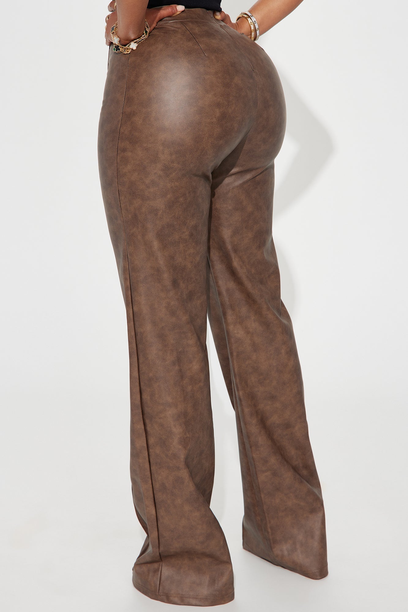 Victoria High Waisted Washed Faux Leather Dress Pants - Chocolate