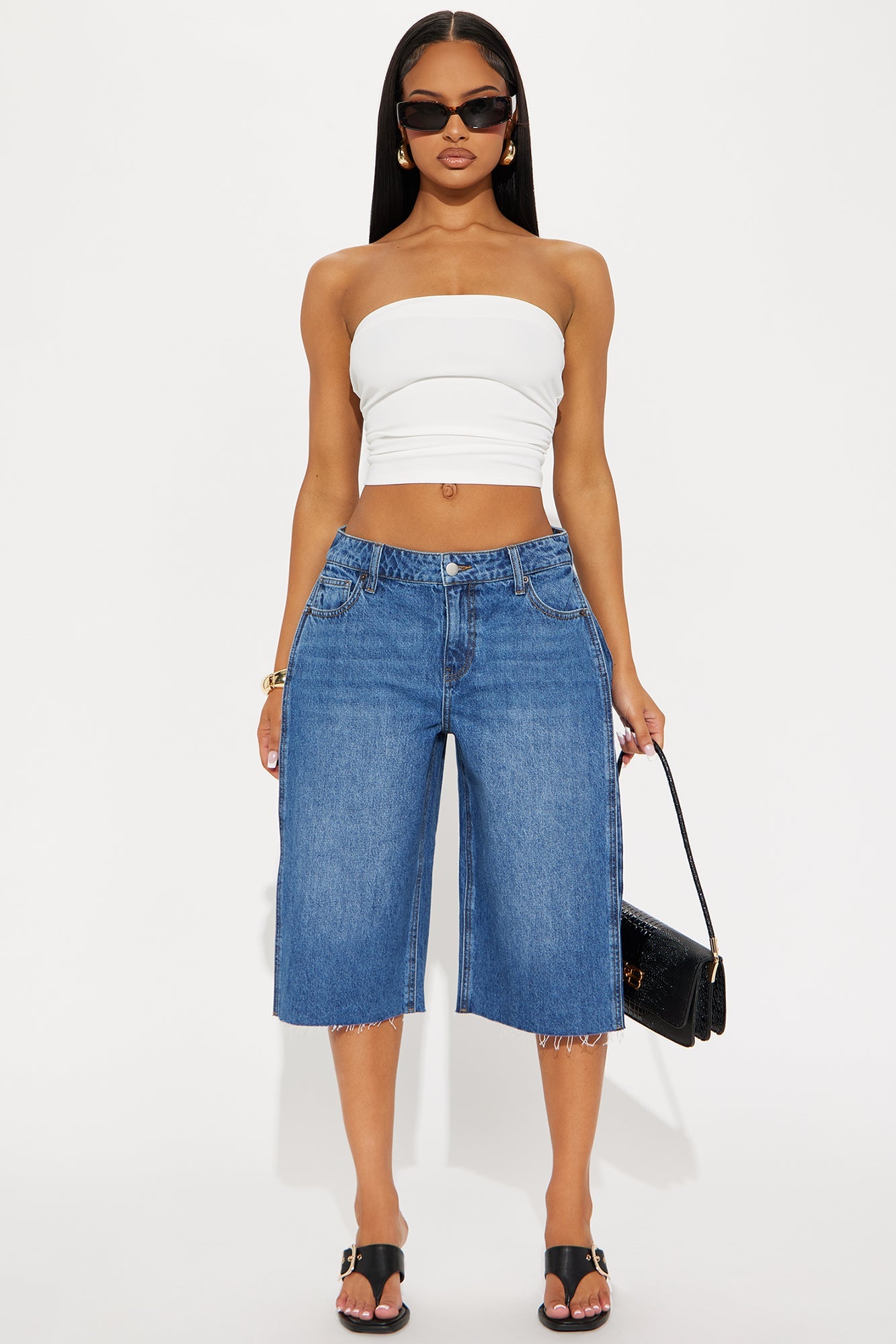 Aleksa Pleated Non Stretch Denim Jorts - Dark Wash