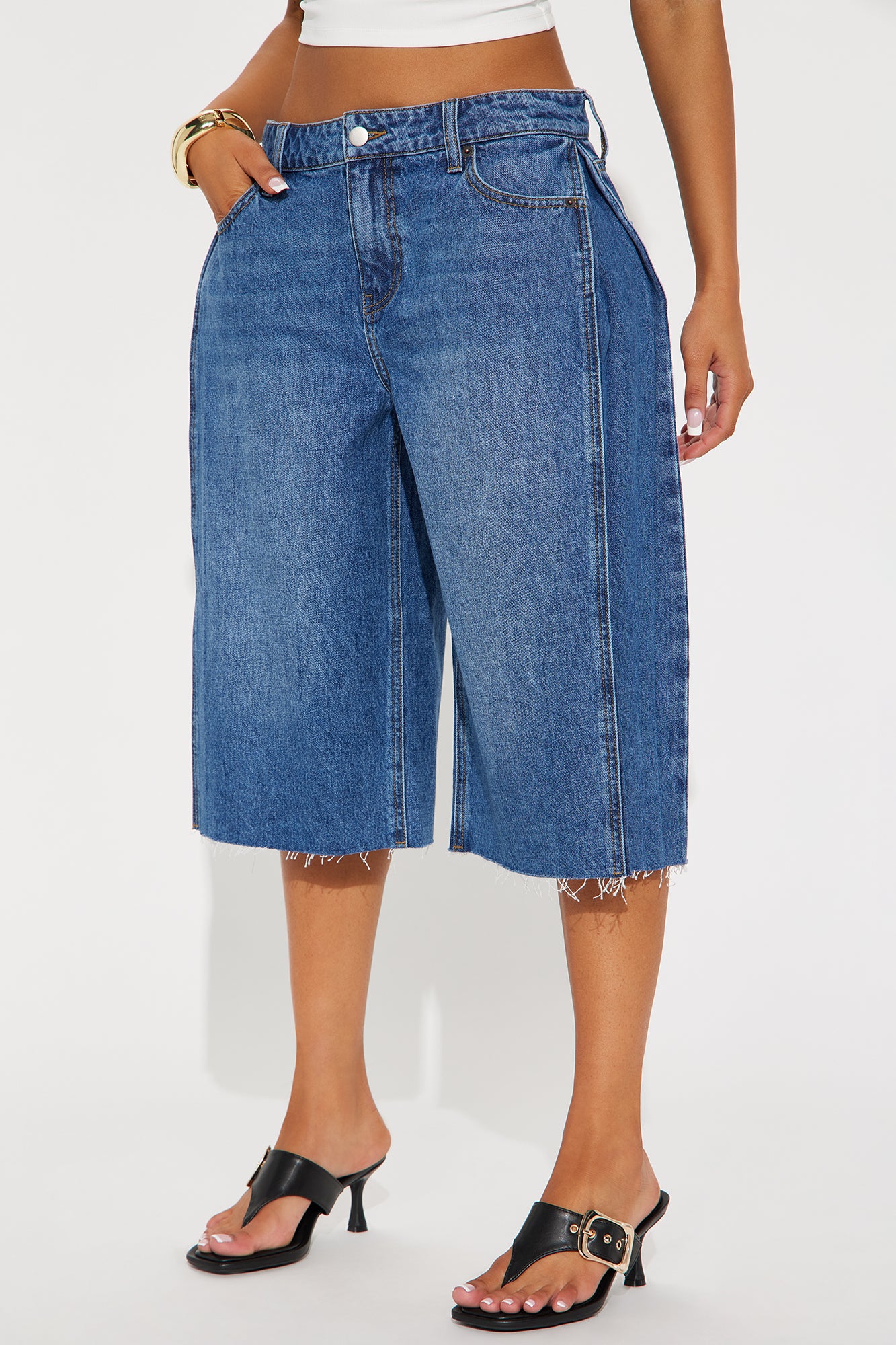 Aleksa Pleated Non Stretch Denim Jorts - Dark Wash