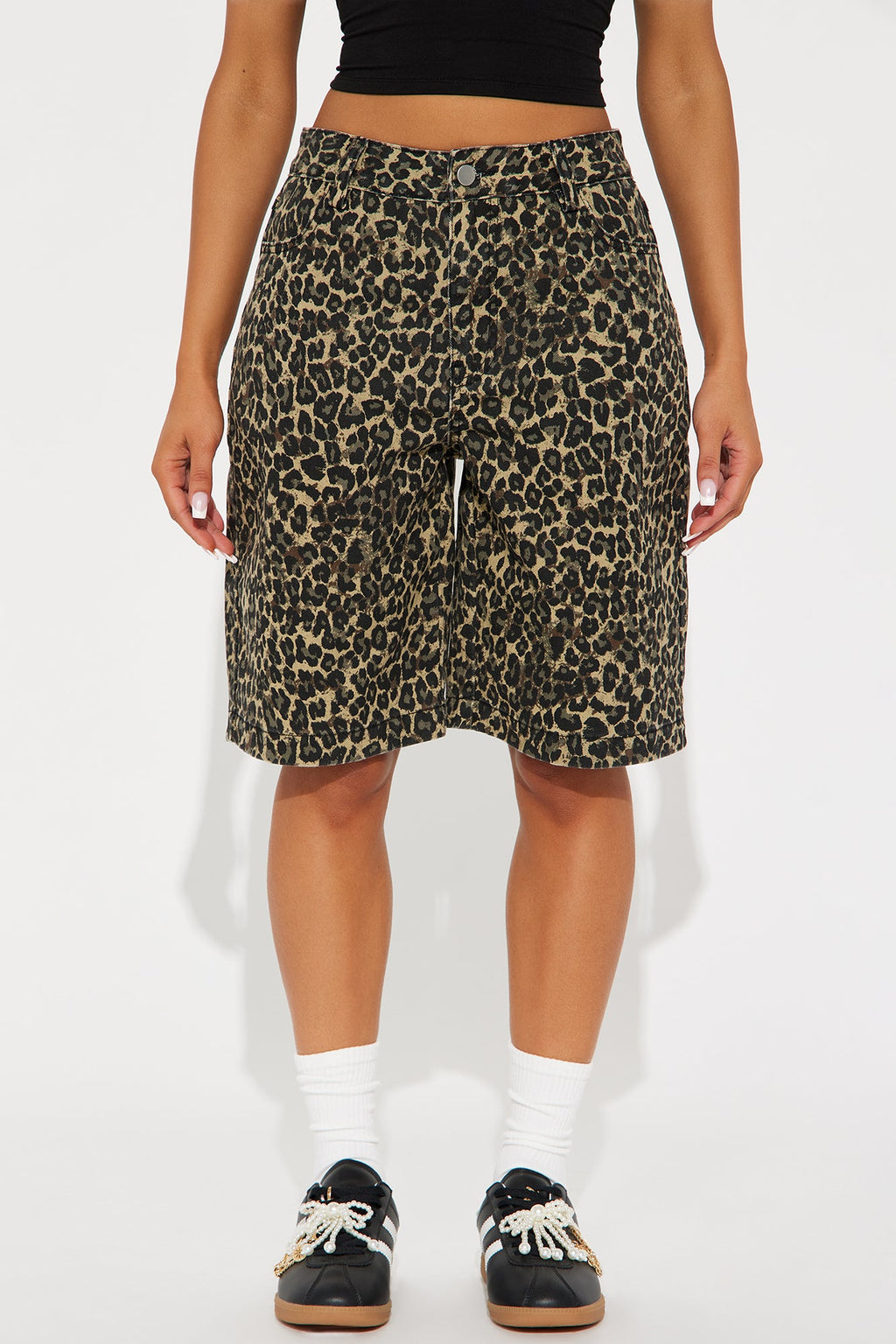 Wild Attraction Non Stretch Leopard Denim Bermuda Shorts - Brown/combo
