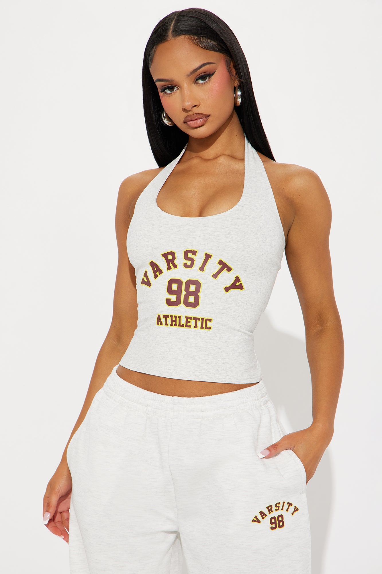 Izabel 98 Varsity Halter Top - Heather Grey