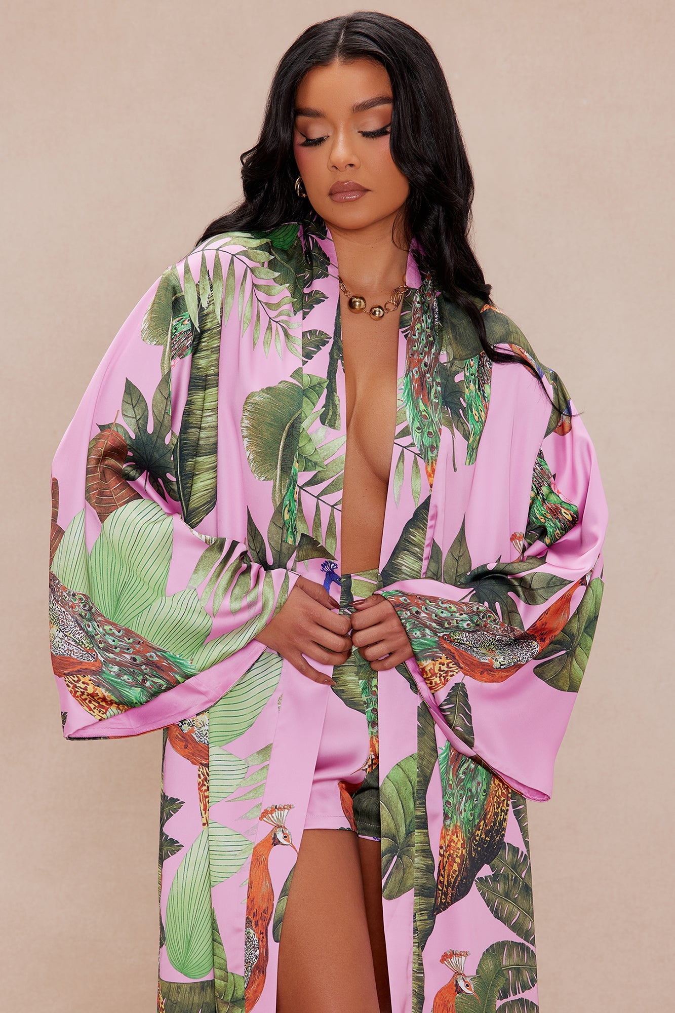 Private Island Satin Kimono - Pink/combo