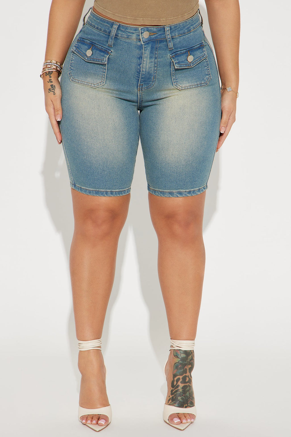 Shocker Tinted Stretch Denim Bermuda Shorts - Medium Wash