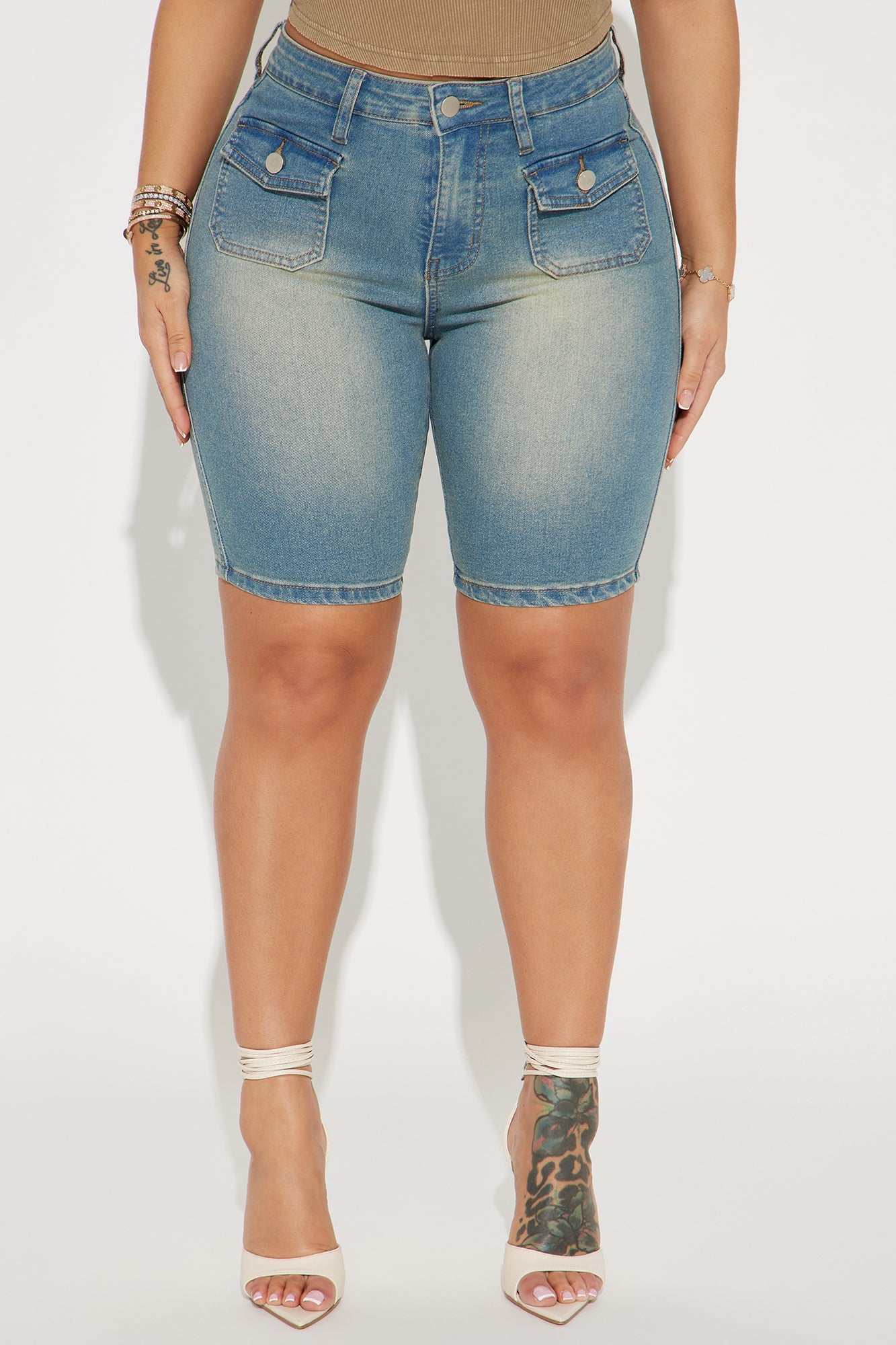Shocker Tinted Stretch Denim Bermuda Shorts - Medium Wash