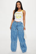 Caro  Elastic Waist Wide Leg Jeans - Medium Wash