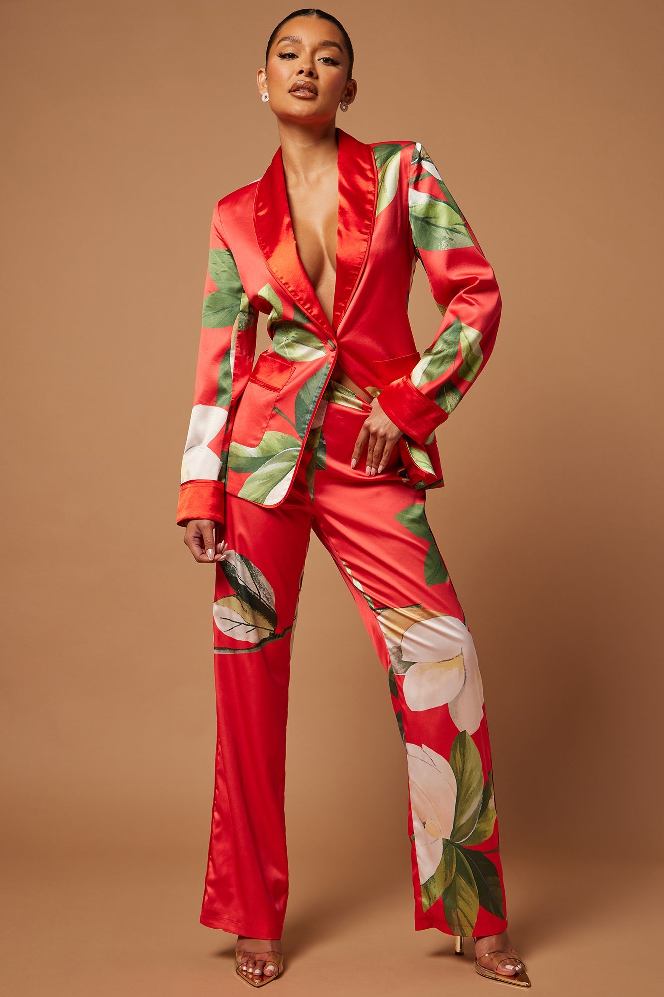 Ophelia Satin Floral Pant Suit Set - Red/combo