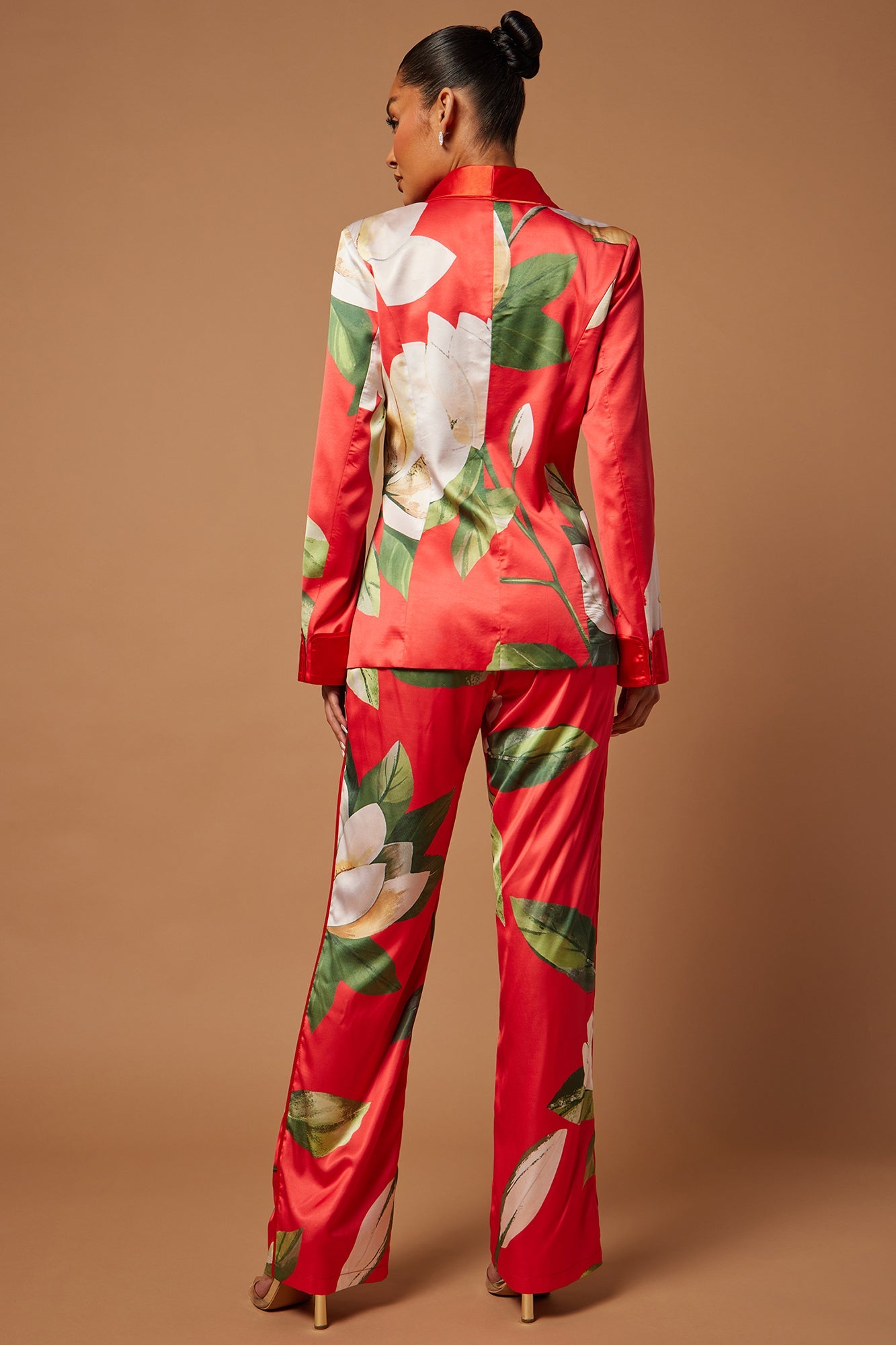 Ophelia Satin Floral Pant Suit Set - Red/combo