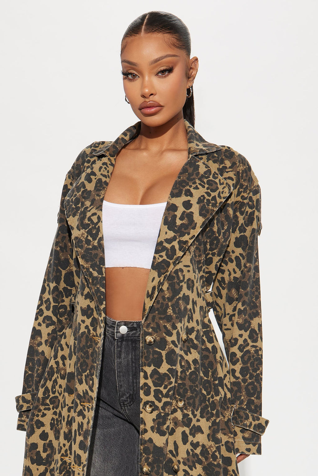 Destiny Leopard Denim Trench - Brown/combo