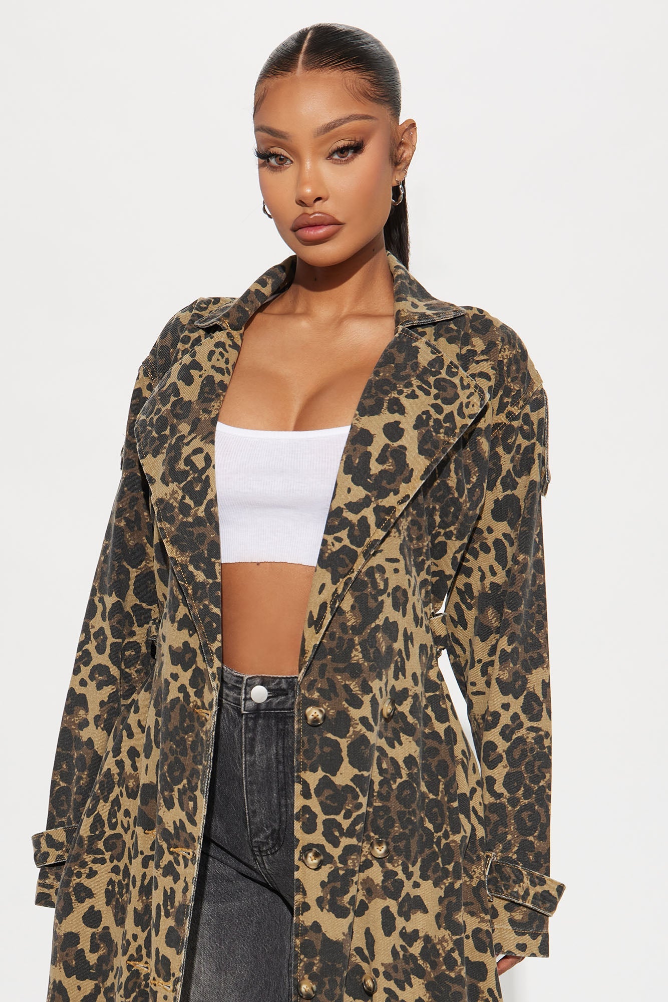 Destiny Leopard Denim Trench - Brown/combo