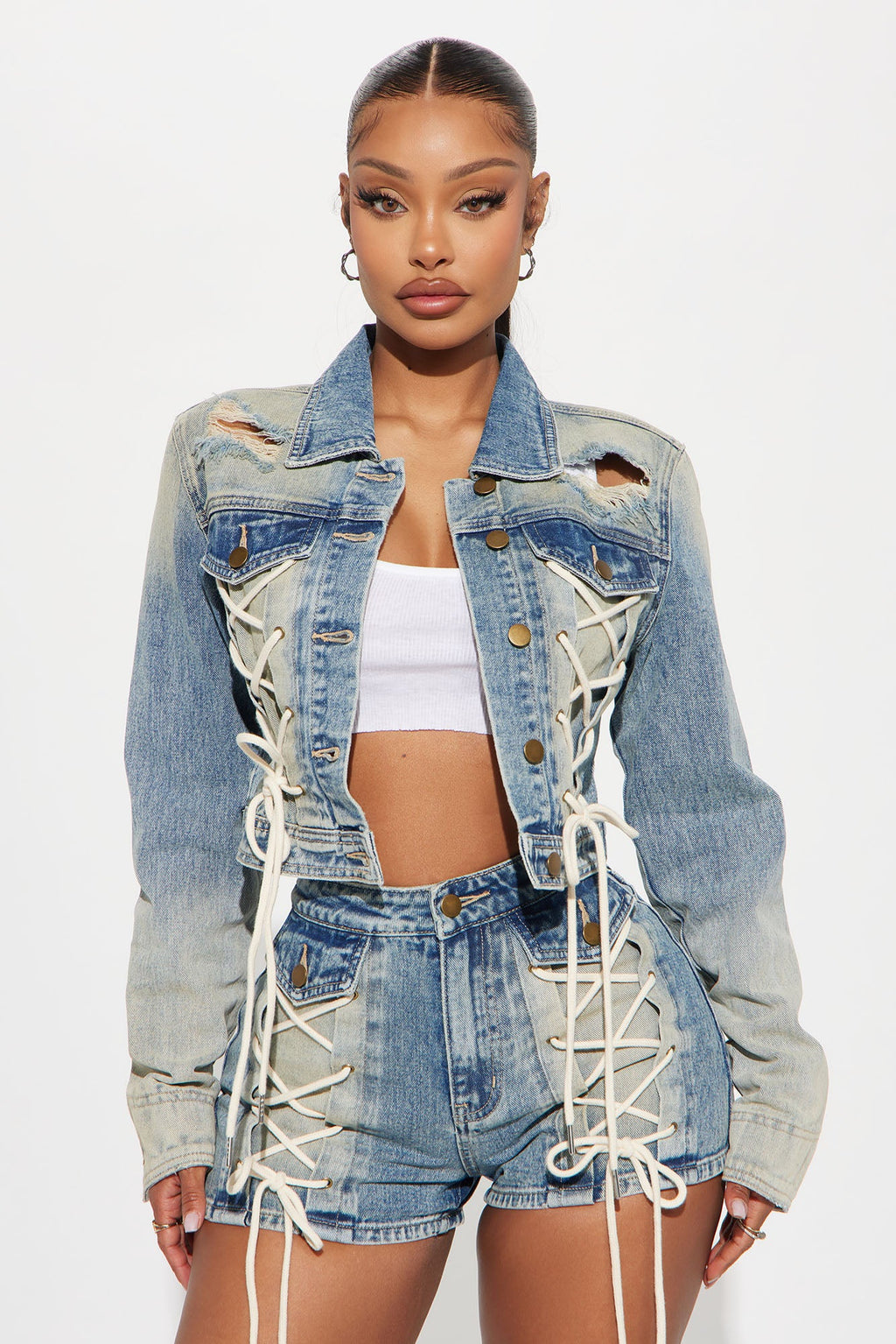 Reaching New Levels Lace Up Denim Jacket - Vintage Wash