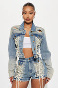 Reaching New Levels Lace Up Denim Jacket - Vintage Wash
