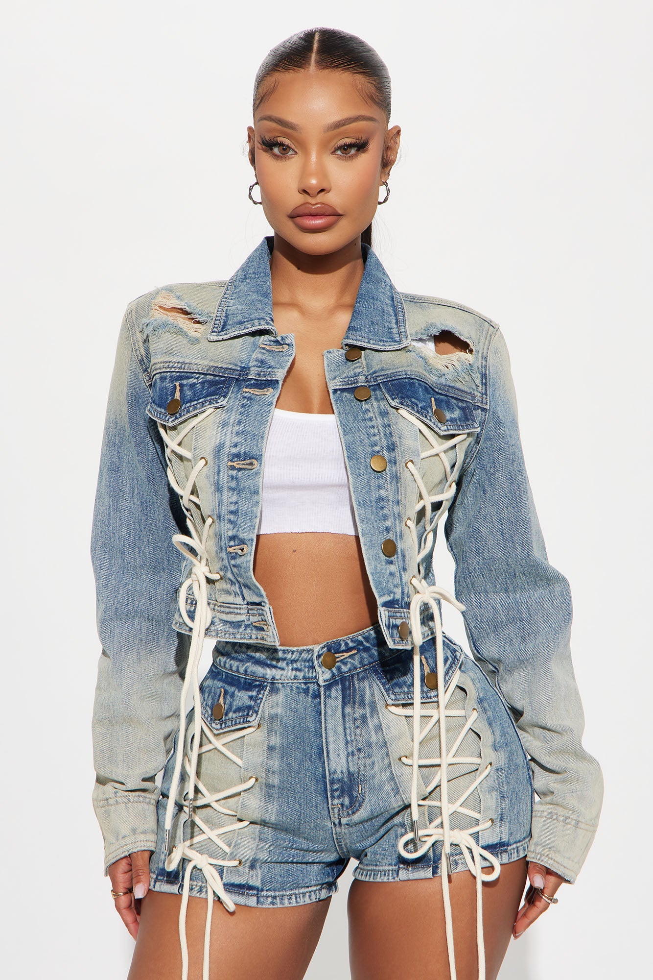 Reaching New Levels Lace Up Denim Jacket - Vintage Wash