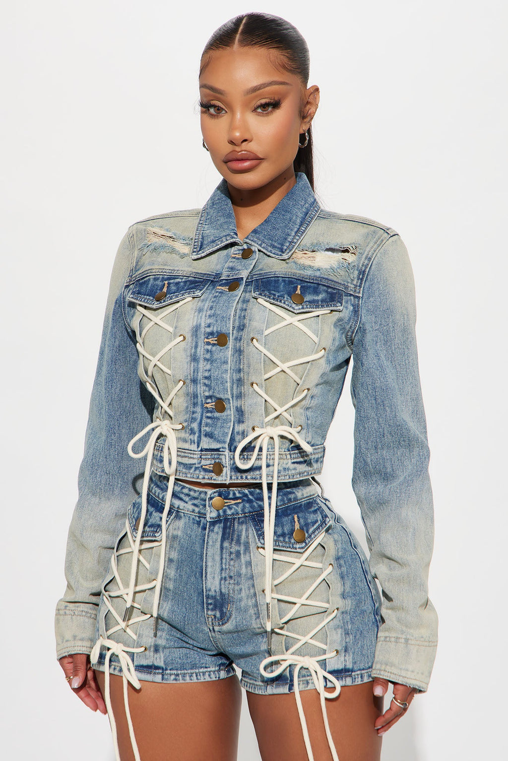 Reaching New Levels Lace Up Denim Jacket - Vintage Wash