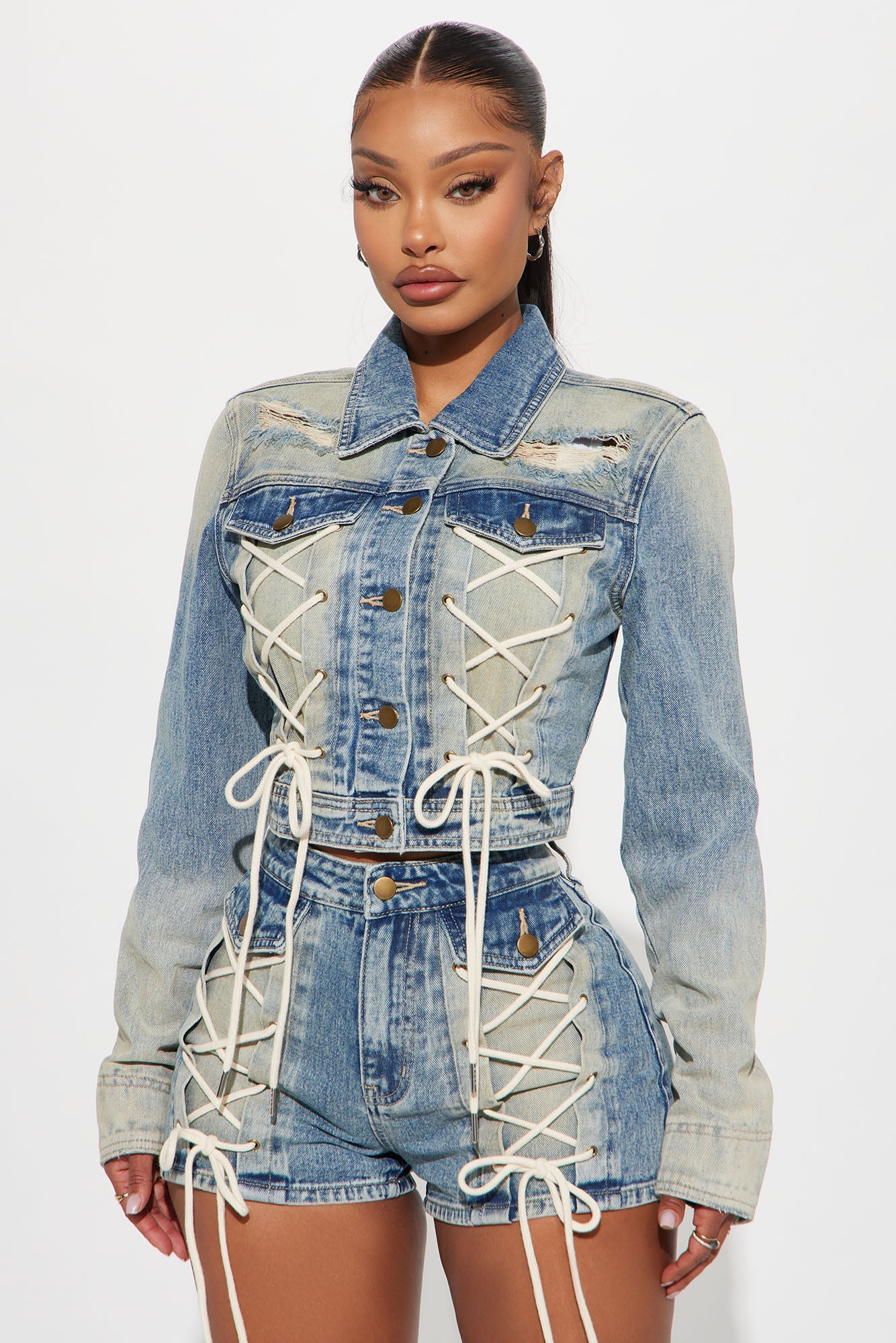 Reaching New Levels Lace Up Denim Jacket - Vintage Wash