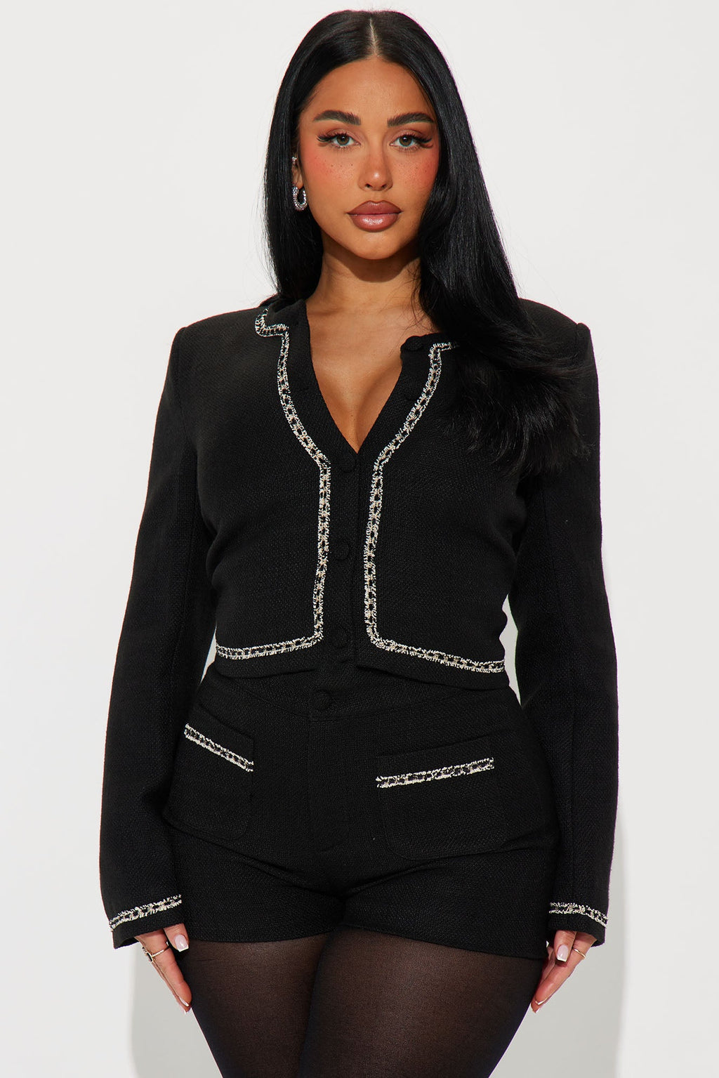 Iris Tweed Cropped Blazer - Black