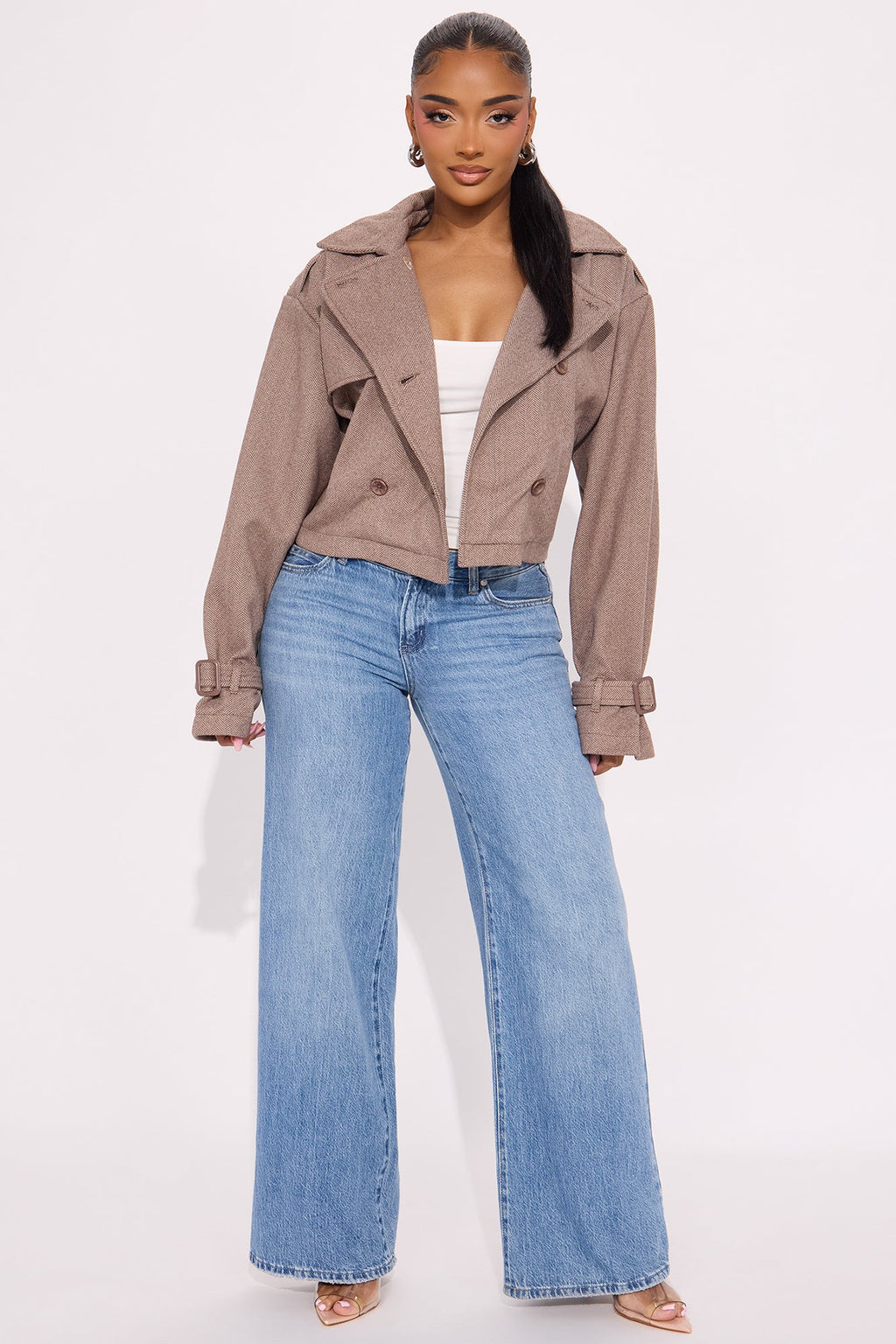 Preppy Chic Plaid Cropped Trench Coat - Camel