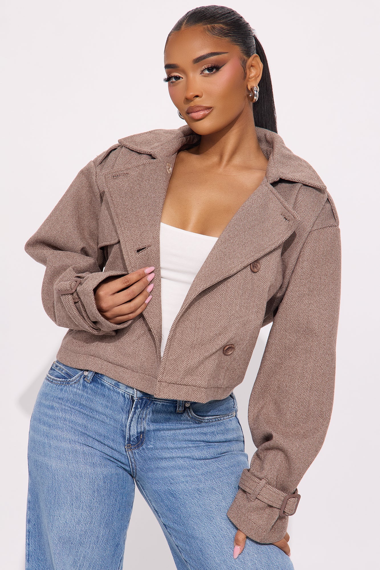 Preppy Chic Plaid Cropped Trench Coat - Camel