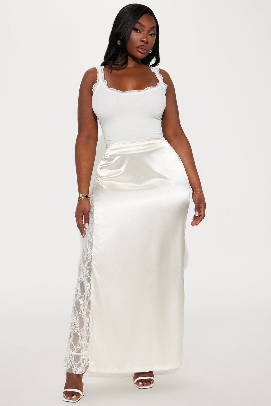 Kiss Me Goodbye Lace Trim Satin Skirt - Cream