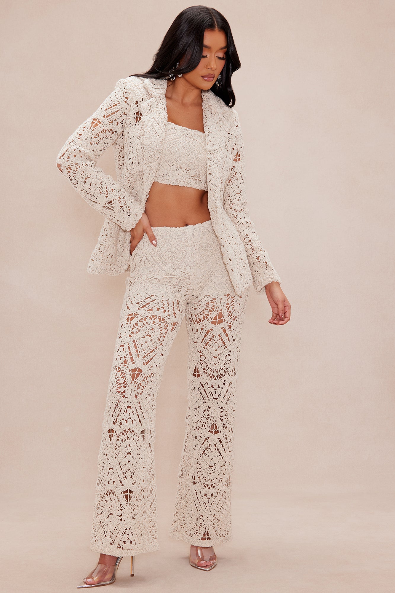 Sahira Crochet Wide Leg Pant - Sand