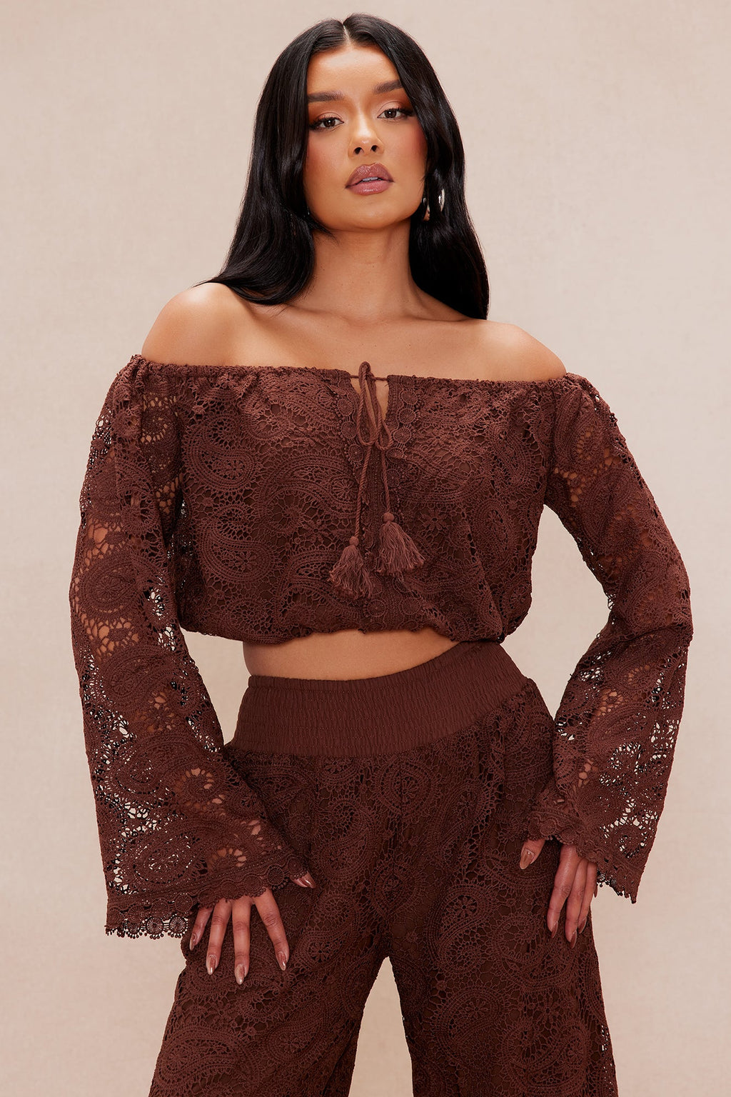 Marina Crochet Pant Set - Chocolate