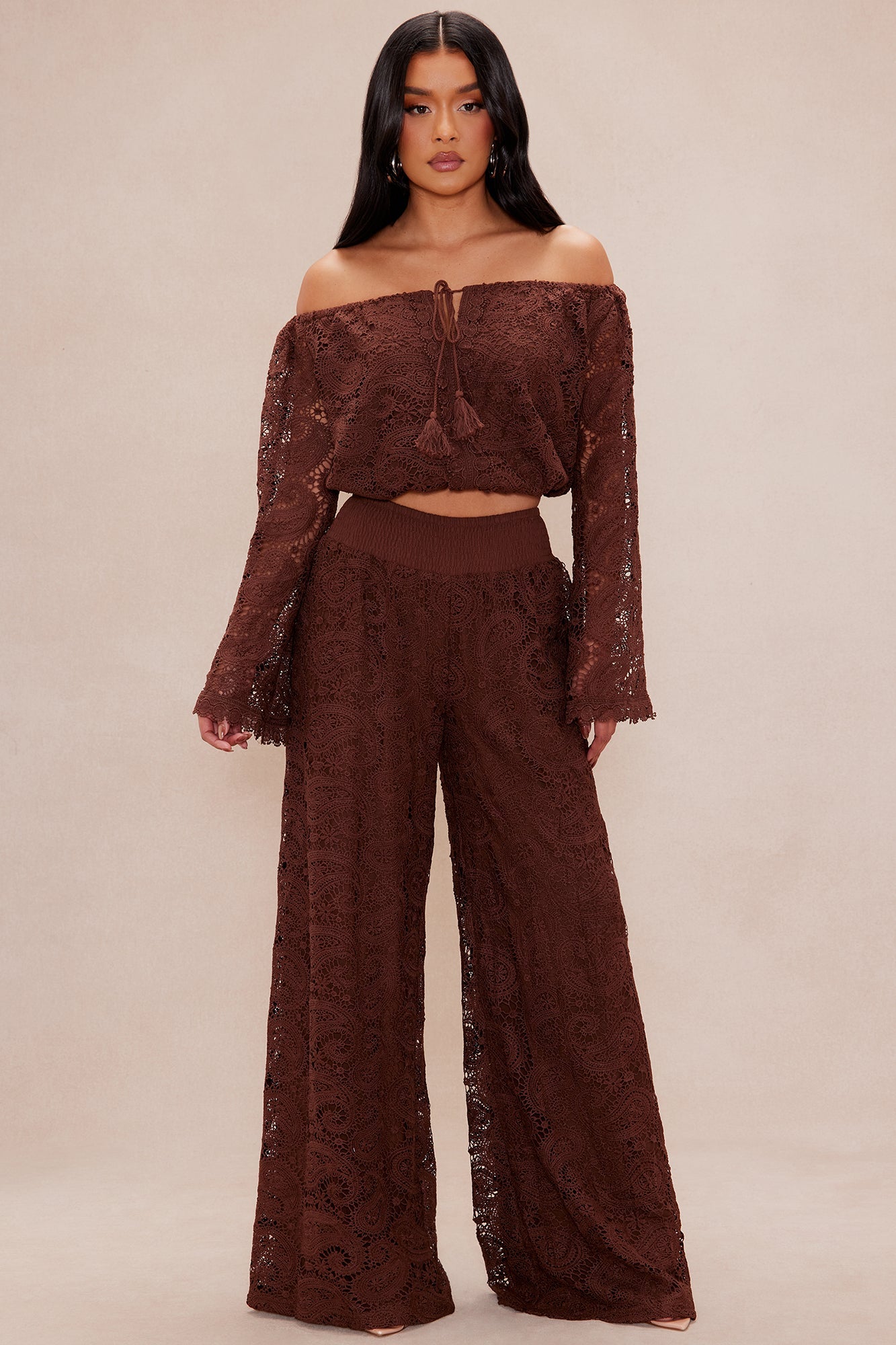 Marina Crochet Pant Set - Chocolate