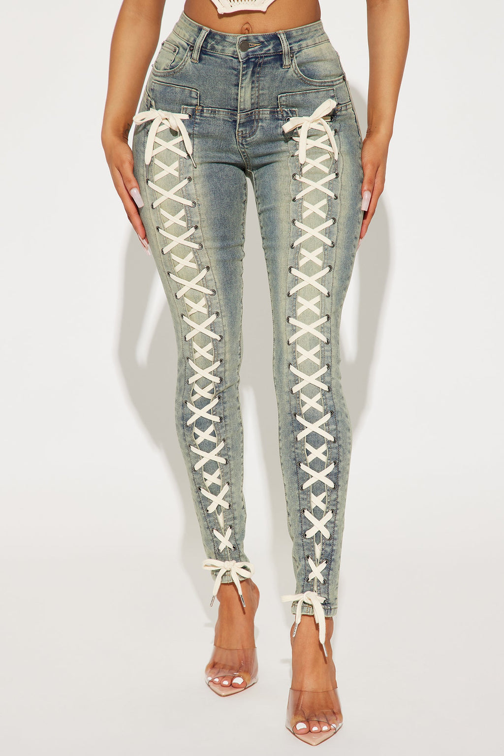 Don't Cross Me Lace Up Stretch Skinny Jeans - Vintage Wash