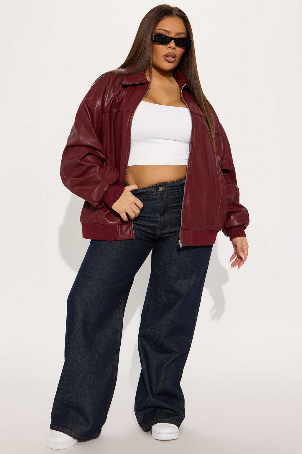 Ellie Oversized Faux Leather Bomber Jacket - Burgundy