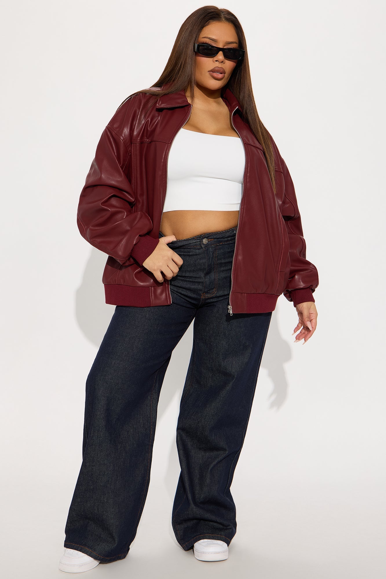 Ellie Oversized Faux Leather Bomber Jacket - Burgundy