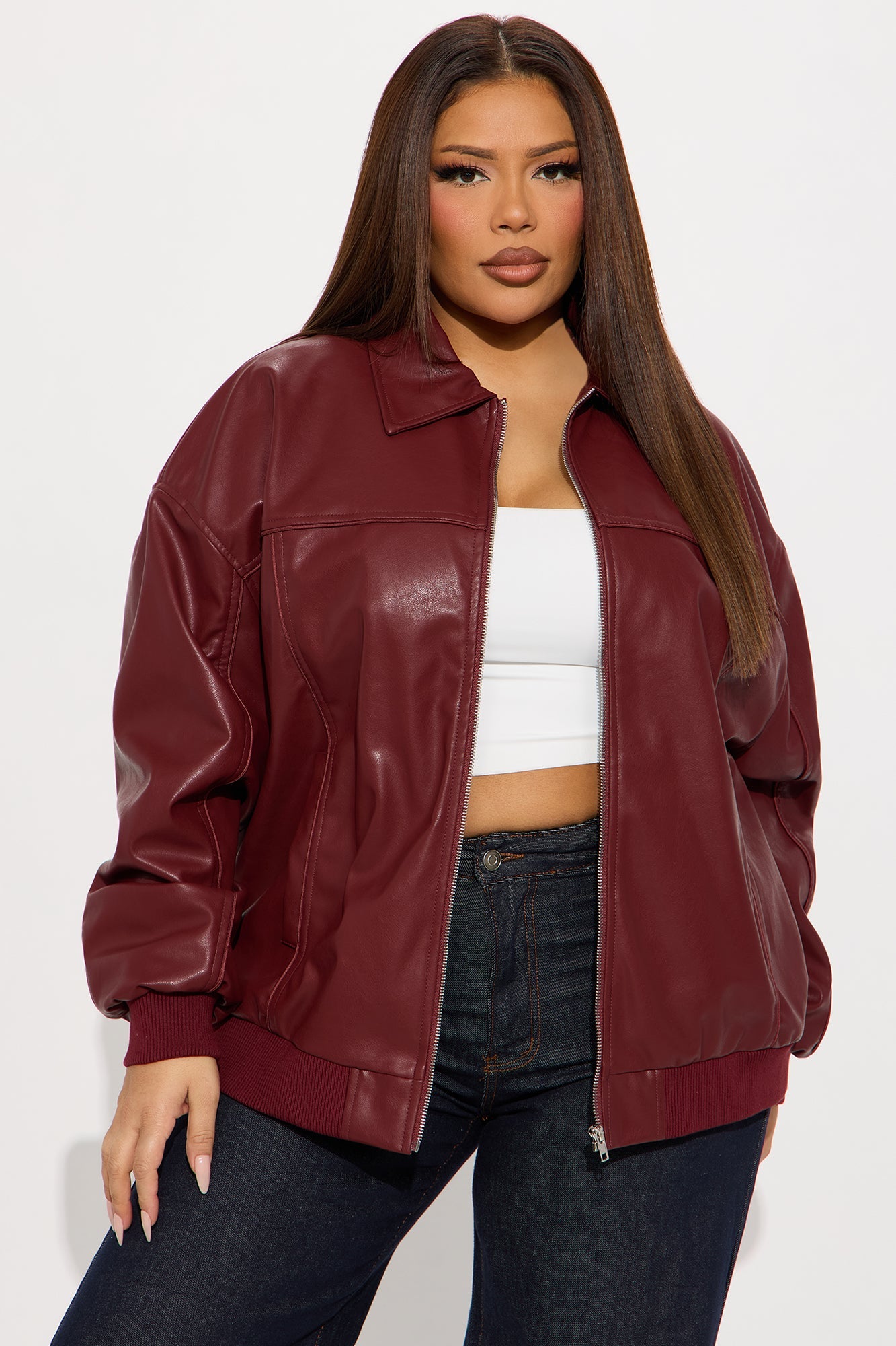 Ellie Oversized Faux Leather Bomber Jacket - Burgundy