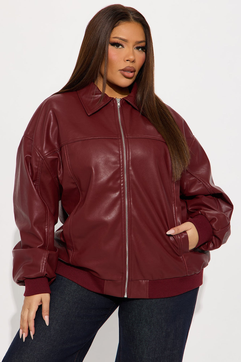 Ellie Oversized Faux Leather Bomber Jacket - Burgundy