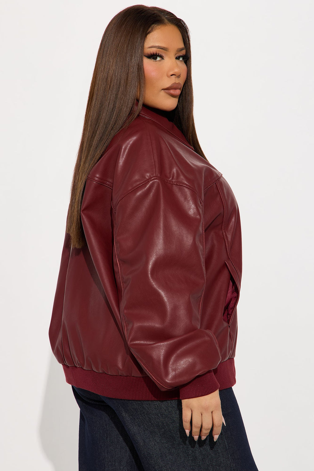 Ellie Oversized Faux Leather Bomber Jacket - Burgundy