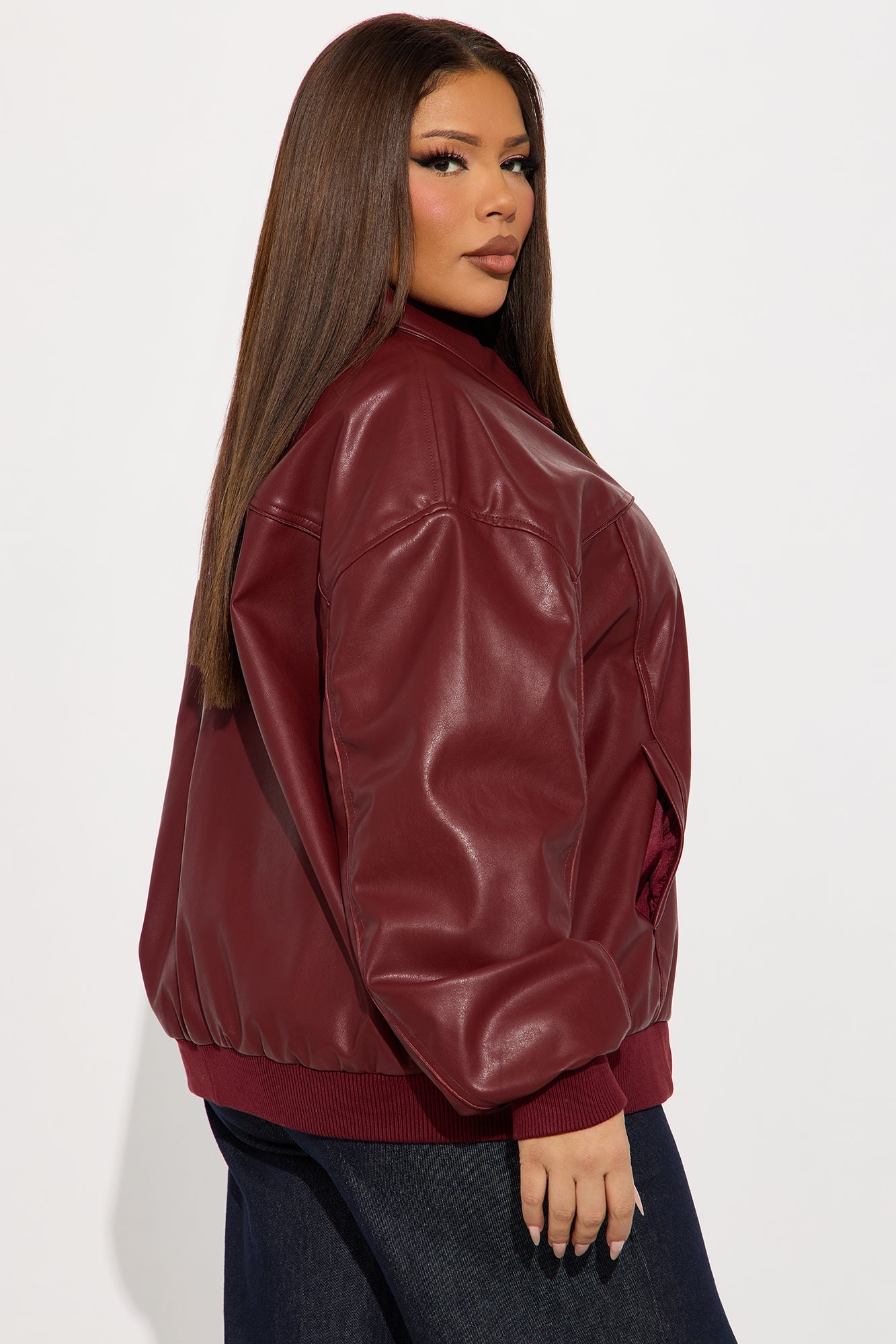 Ellie Oversized Faux Leather Bomber Jacket - Burgundy