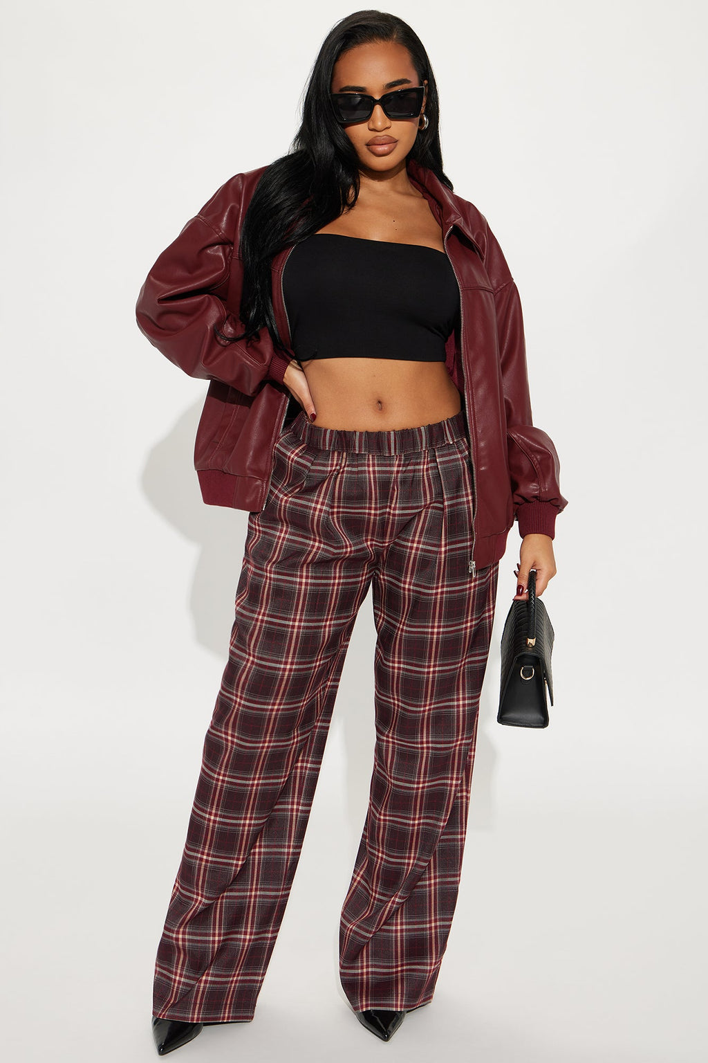 Ellie Oversized Faux Leather Bomber Jacket - Burgundy