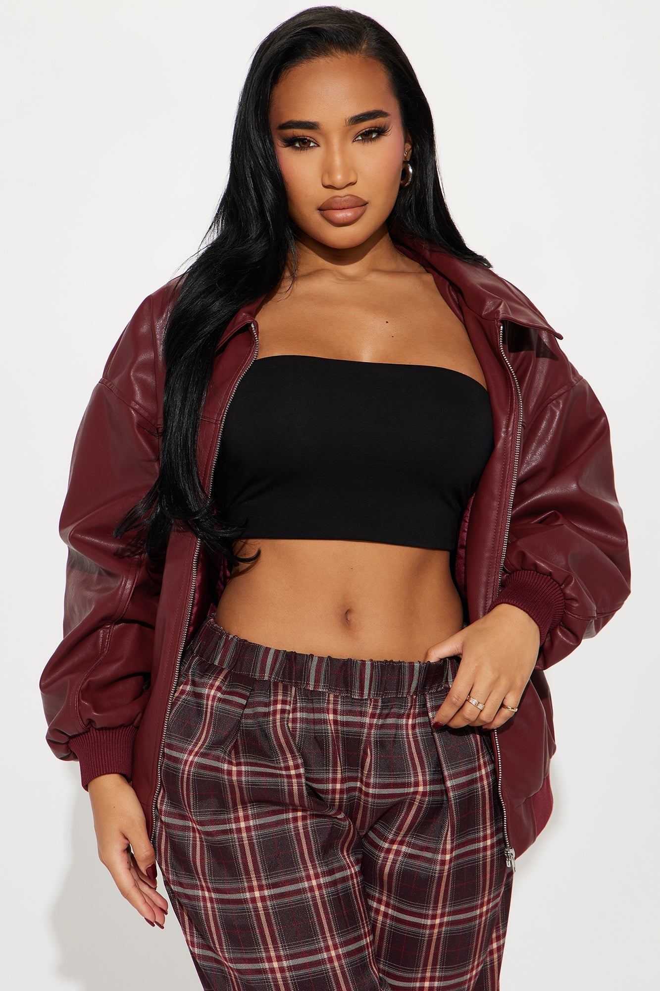 Ellie Oversized Faux Leather Bomber Jacket - Burgundy