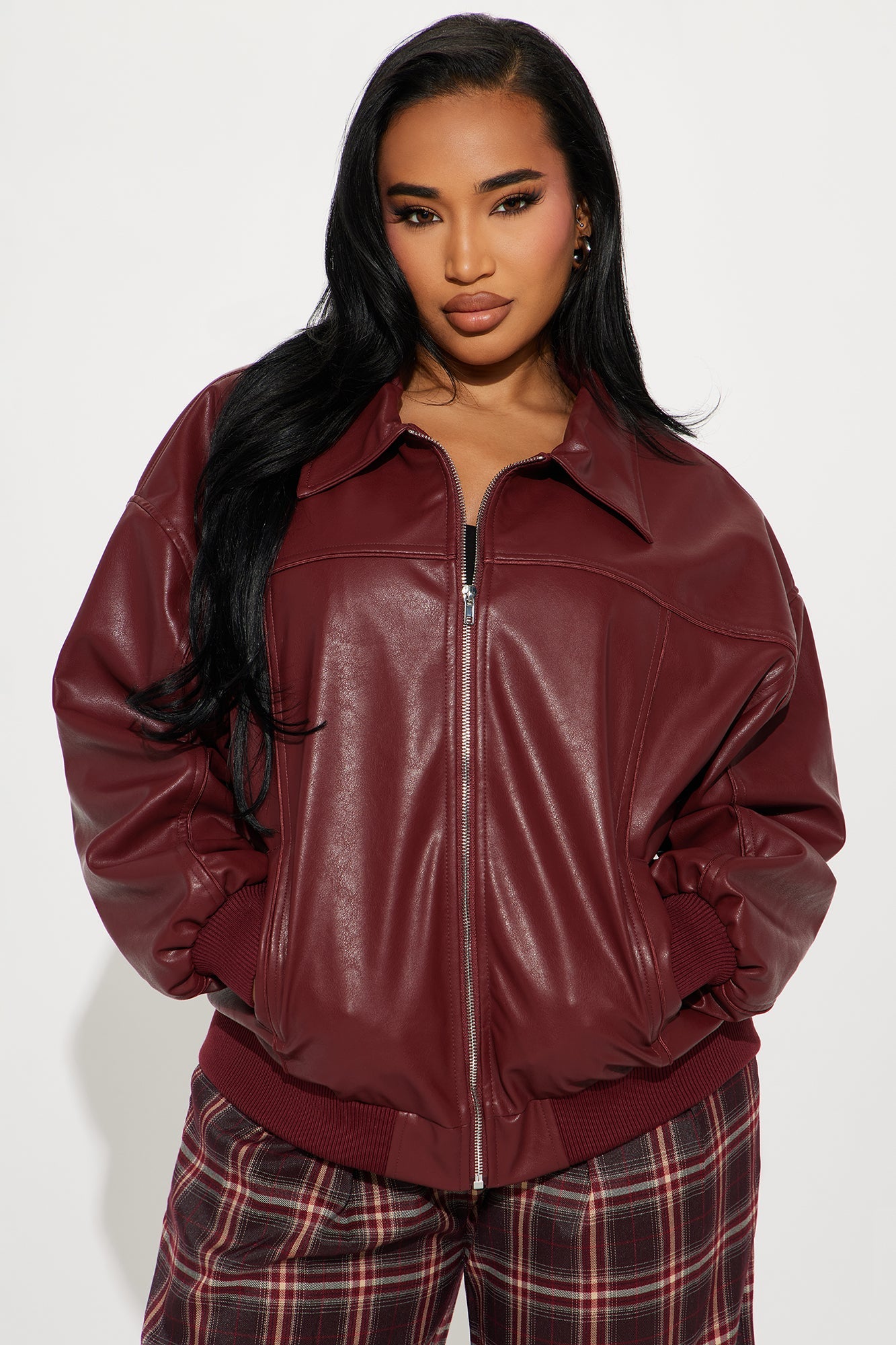 Ellie Oversized Faux Leather Bomber Jacket - Burgundy