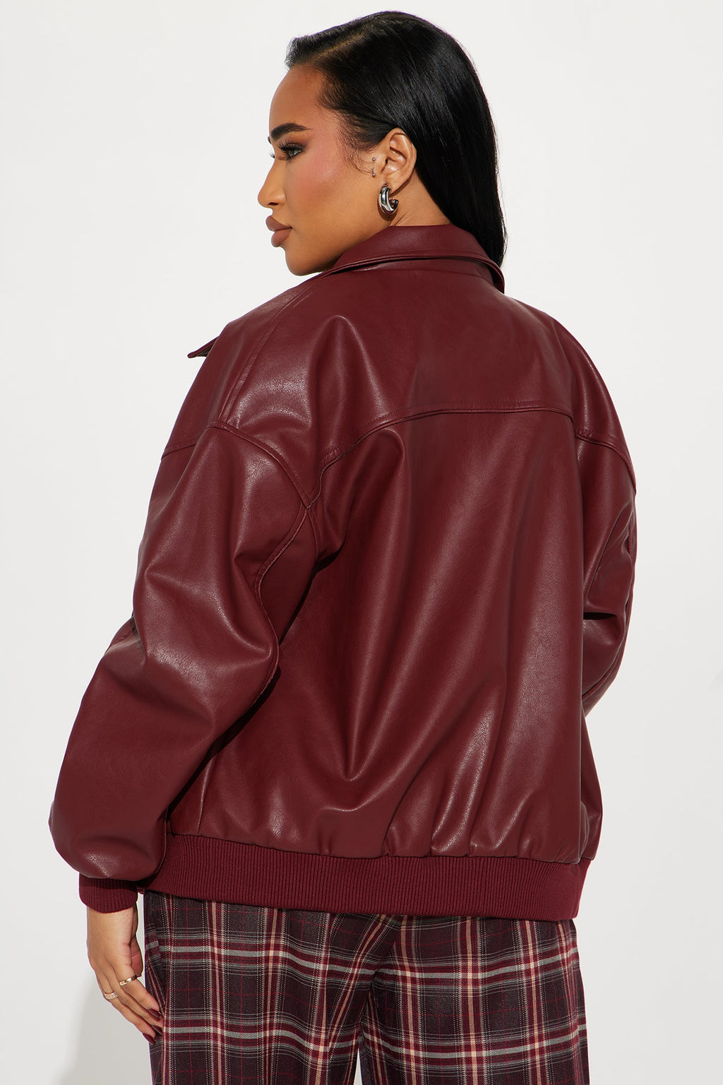 Ellie Oversized Faux Leather Bomber Jacket - Burgundy