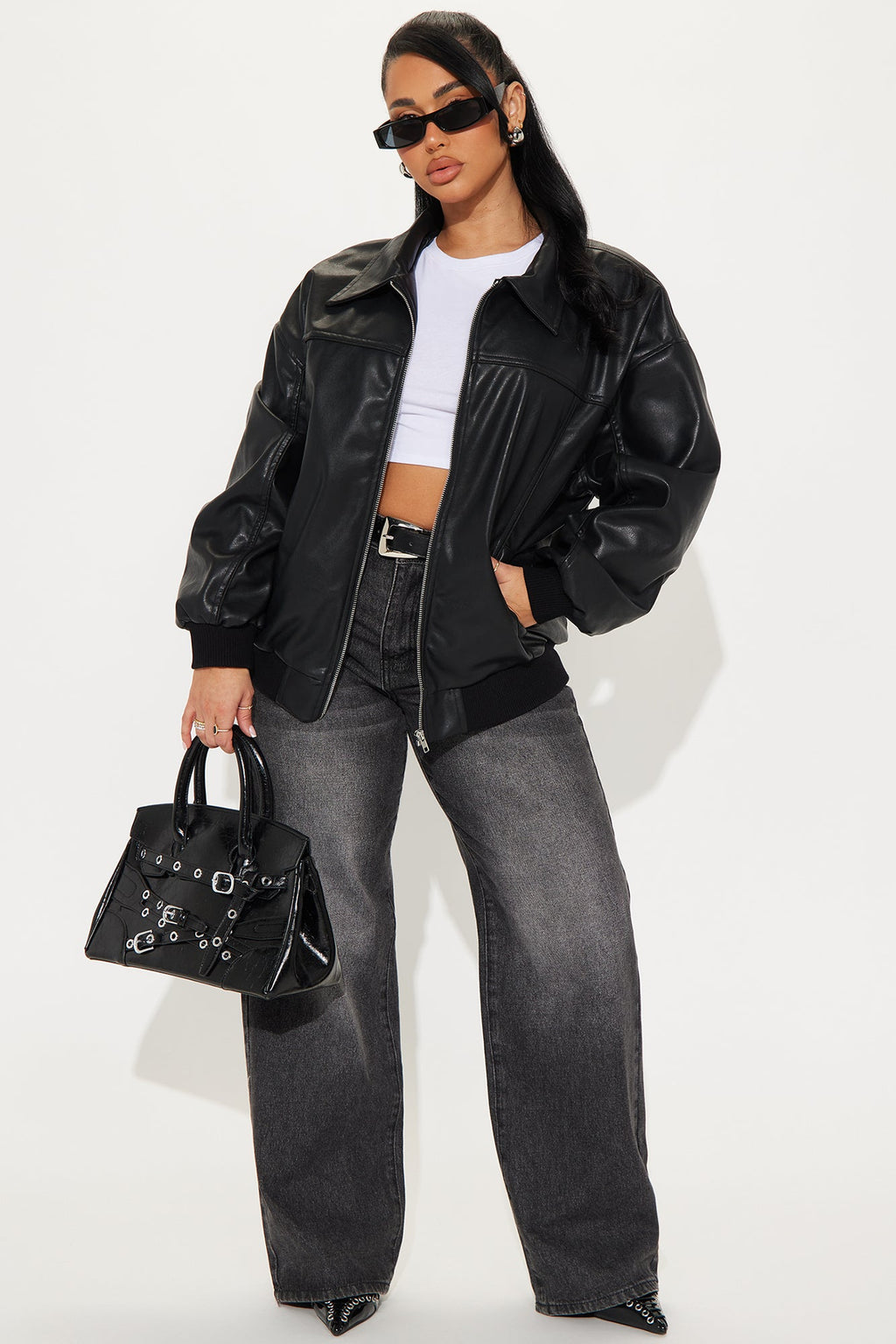 Ellie Oversized Faux Leather Bomber Jacket - Black