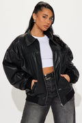 Ellie Oversized Faux Leather Bomber Jacket - Black