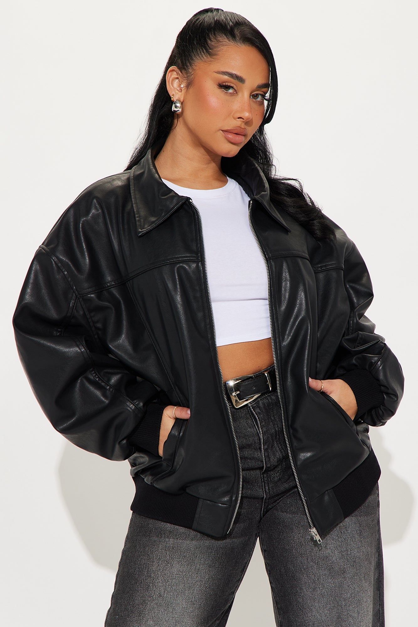 Ellie Oversized Faux Leather Bomber Jacket - Black