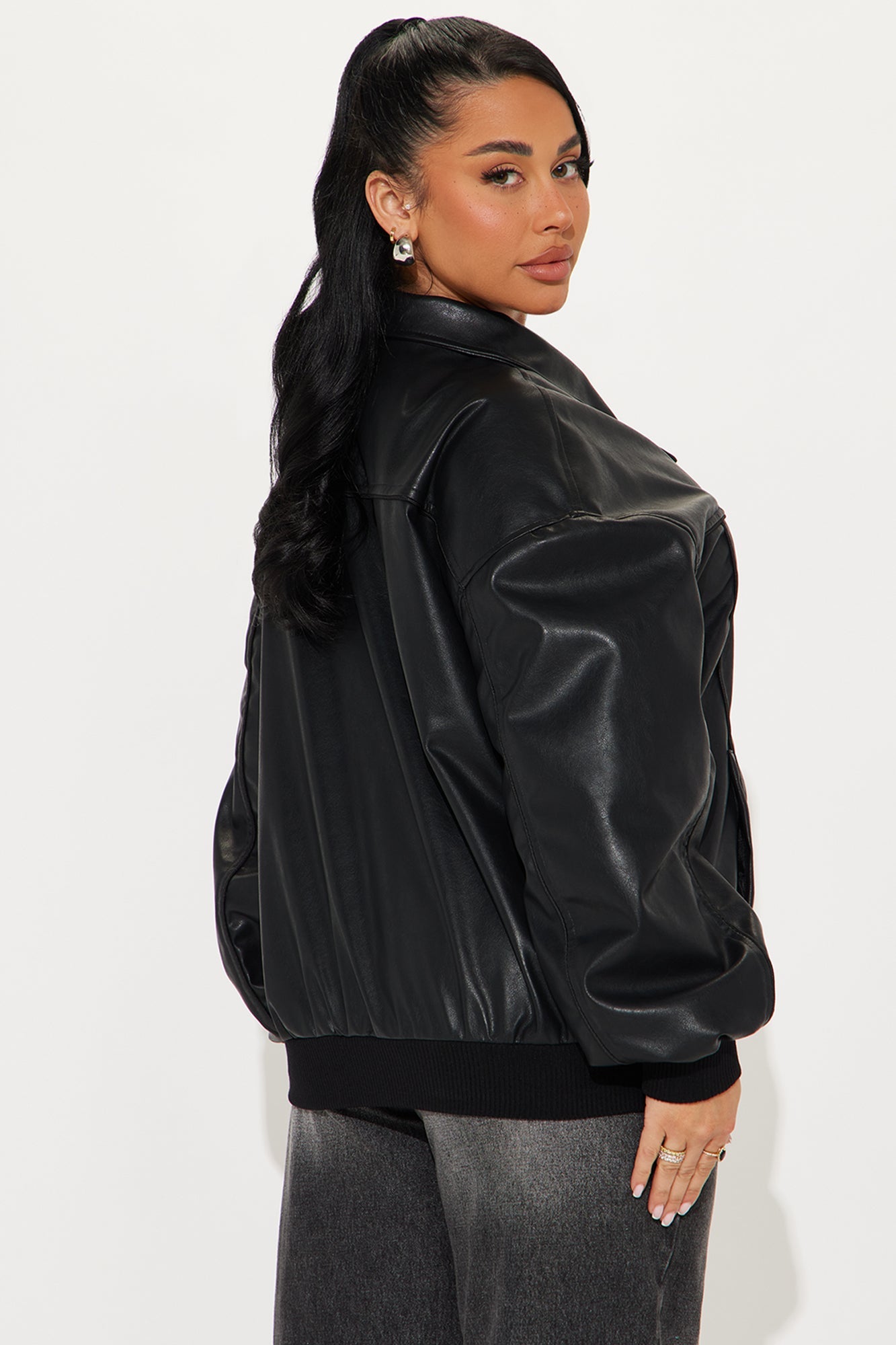 Ellie Oversized Faux Leather Bomber Jacket - Black