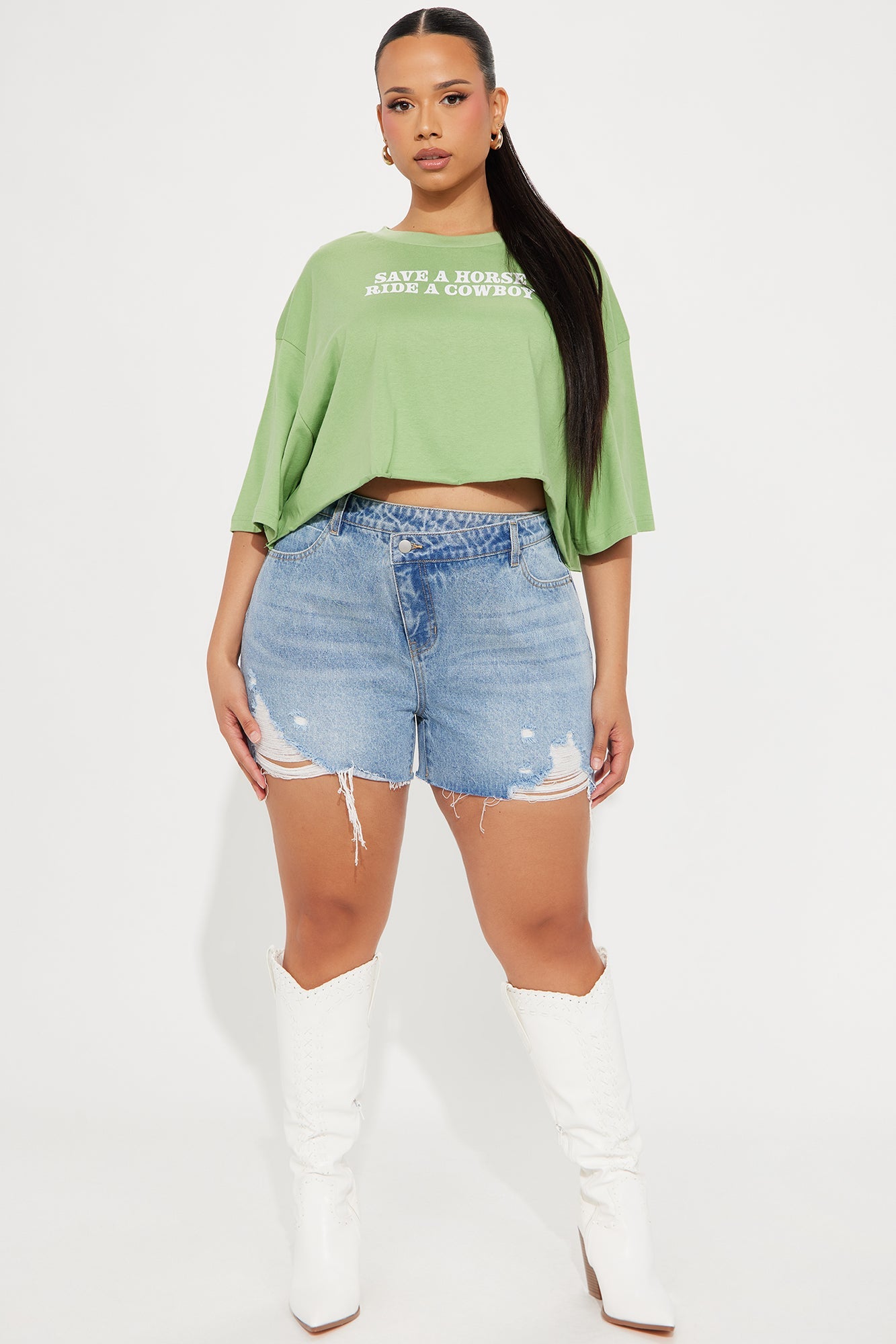 Out Of Line Ripped Crossover Denim Shorts - Medium Wash