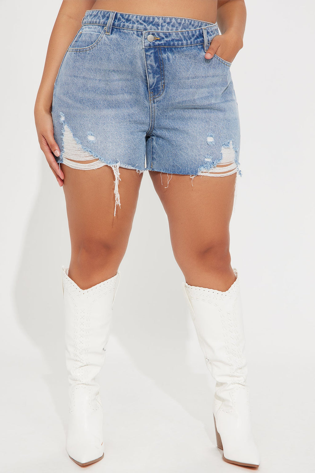Out Of Line Ripped Crossover Denim Shorts - Medium Wash