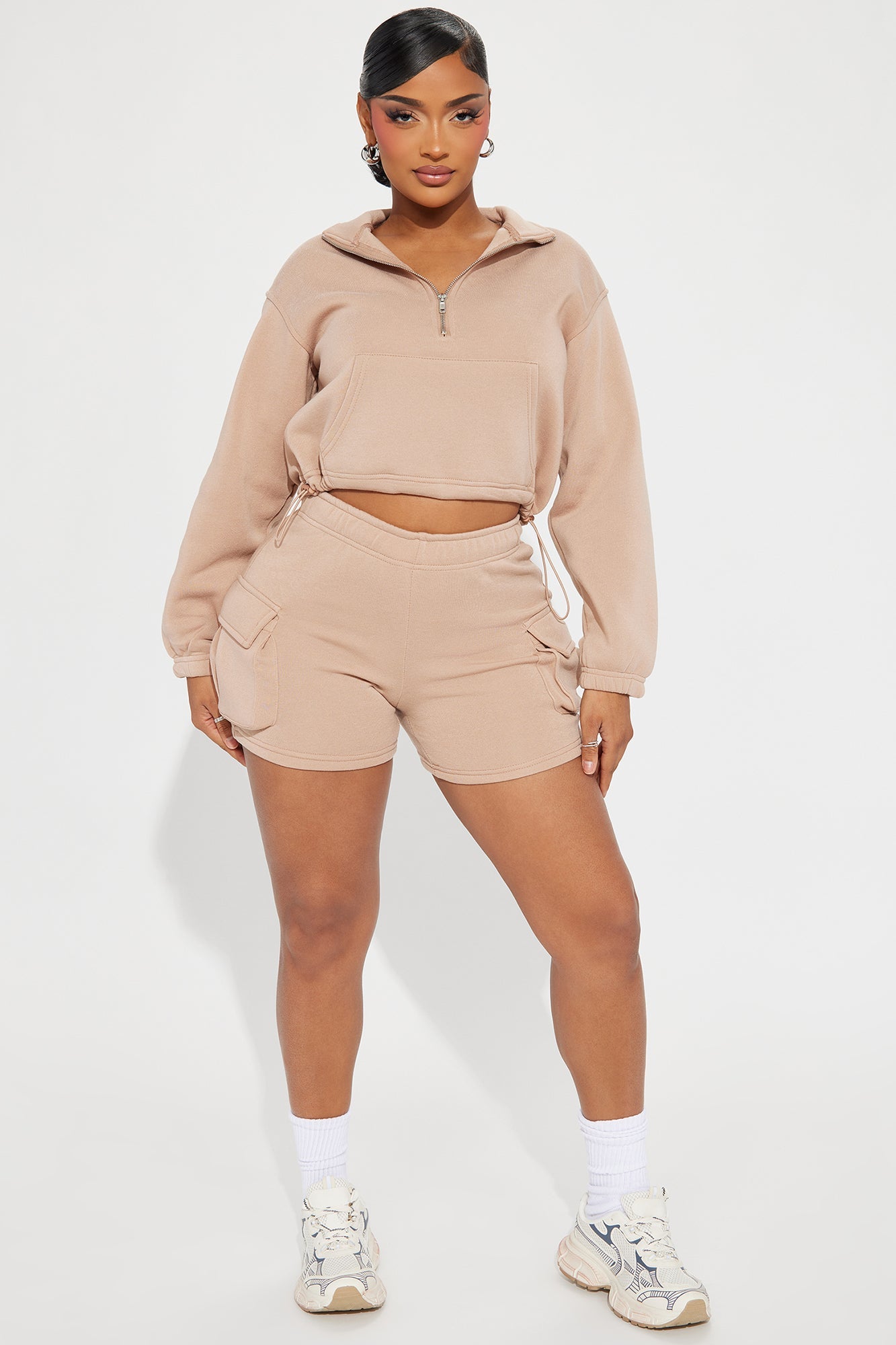 Carrie Fleece Cargo Short Set - Taupe