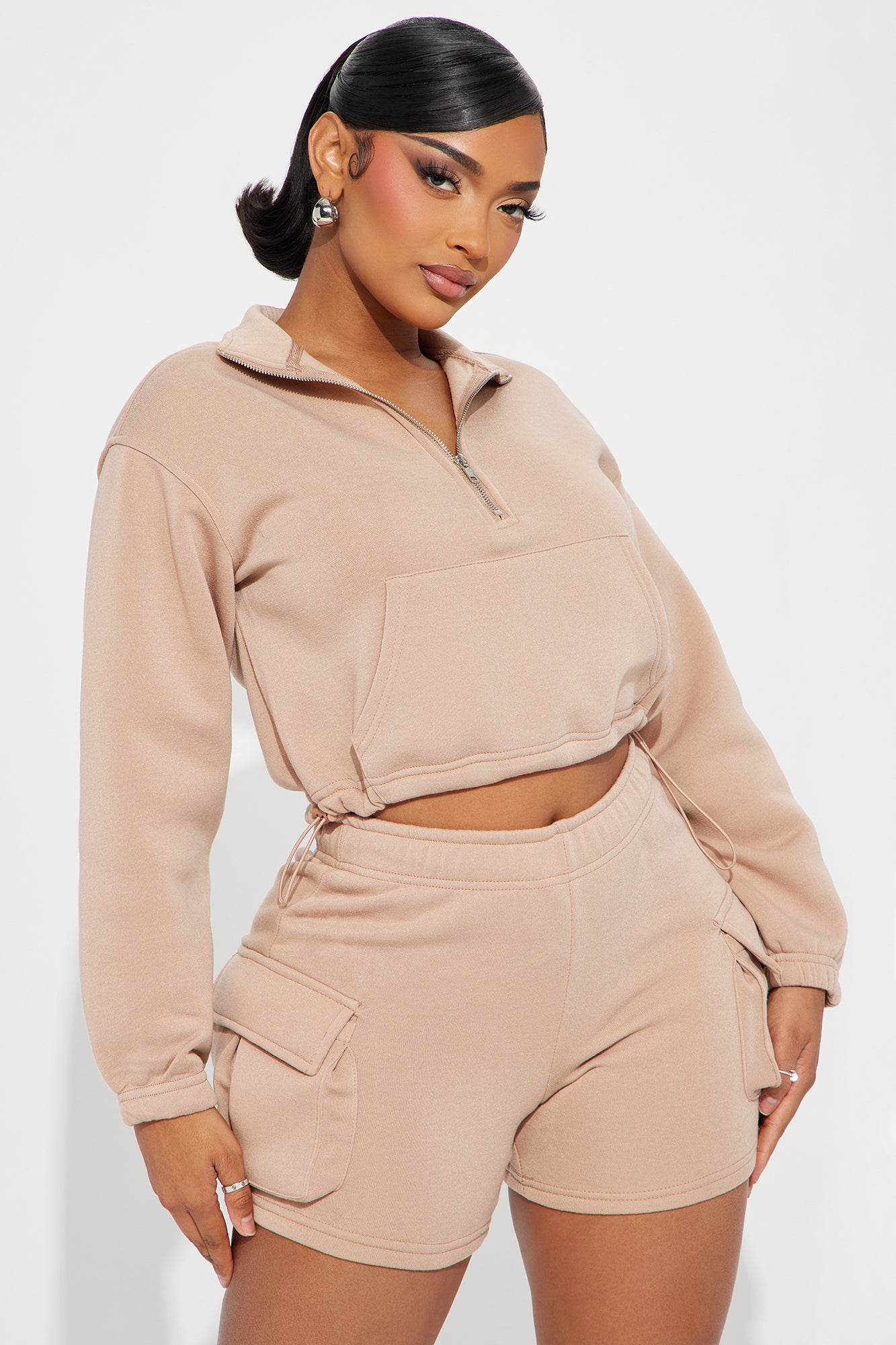 Carrie Fleece Cargo Short Set - Taupe