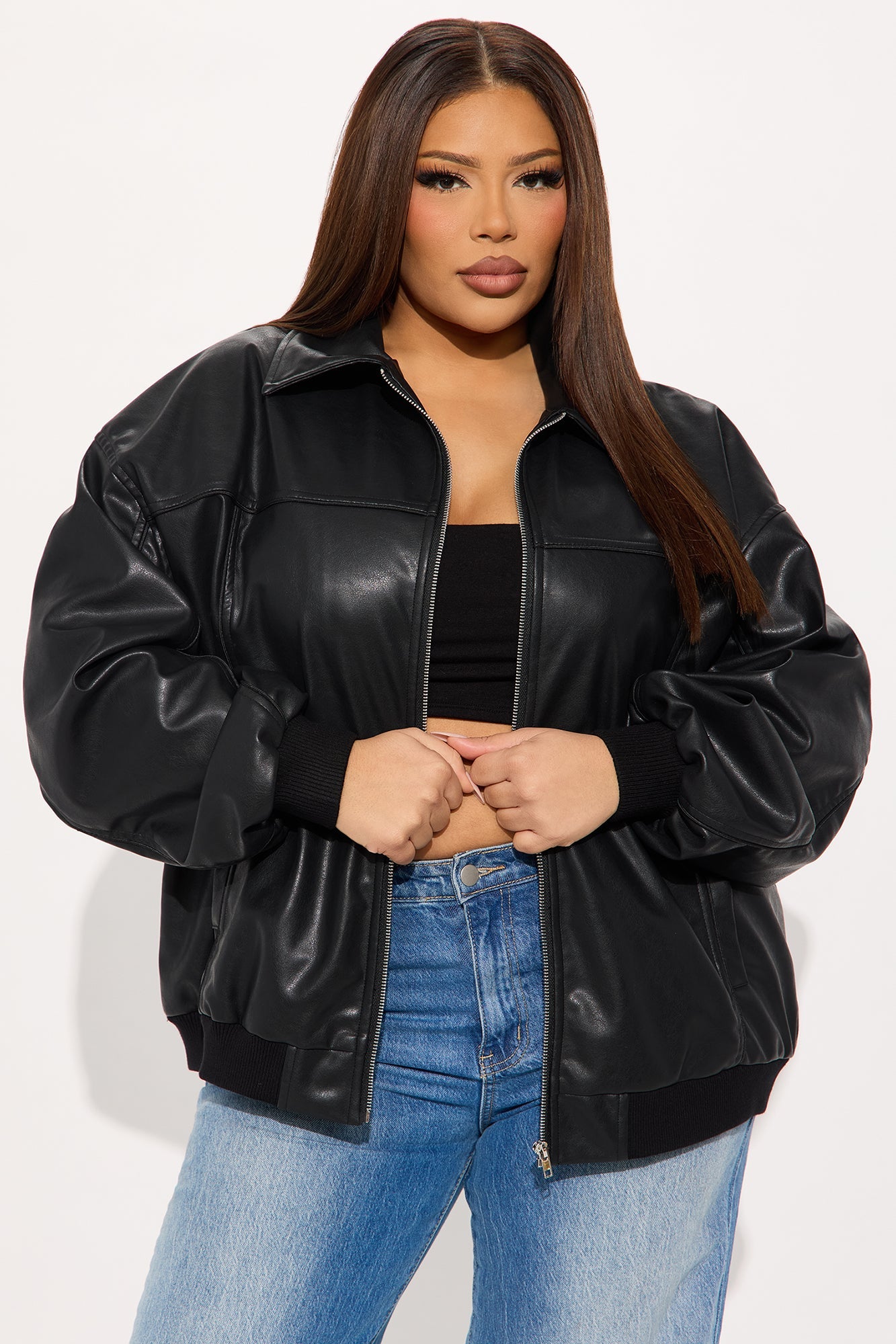 Ellie Oversized Faux Leather Bomber Jacket - Black