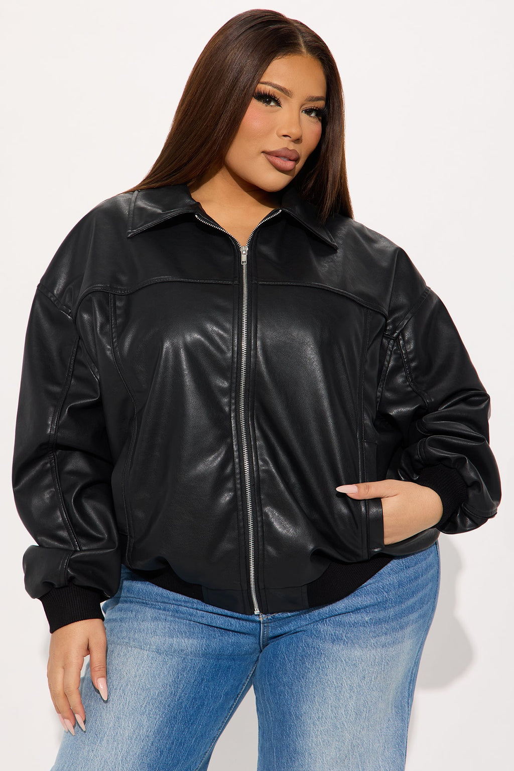 Ellie Oversized Faux Leather Bomber Jacket - Black