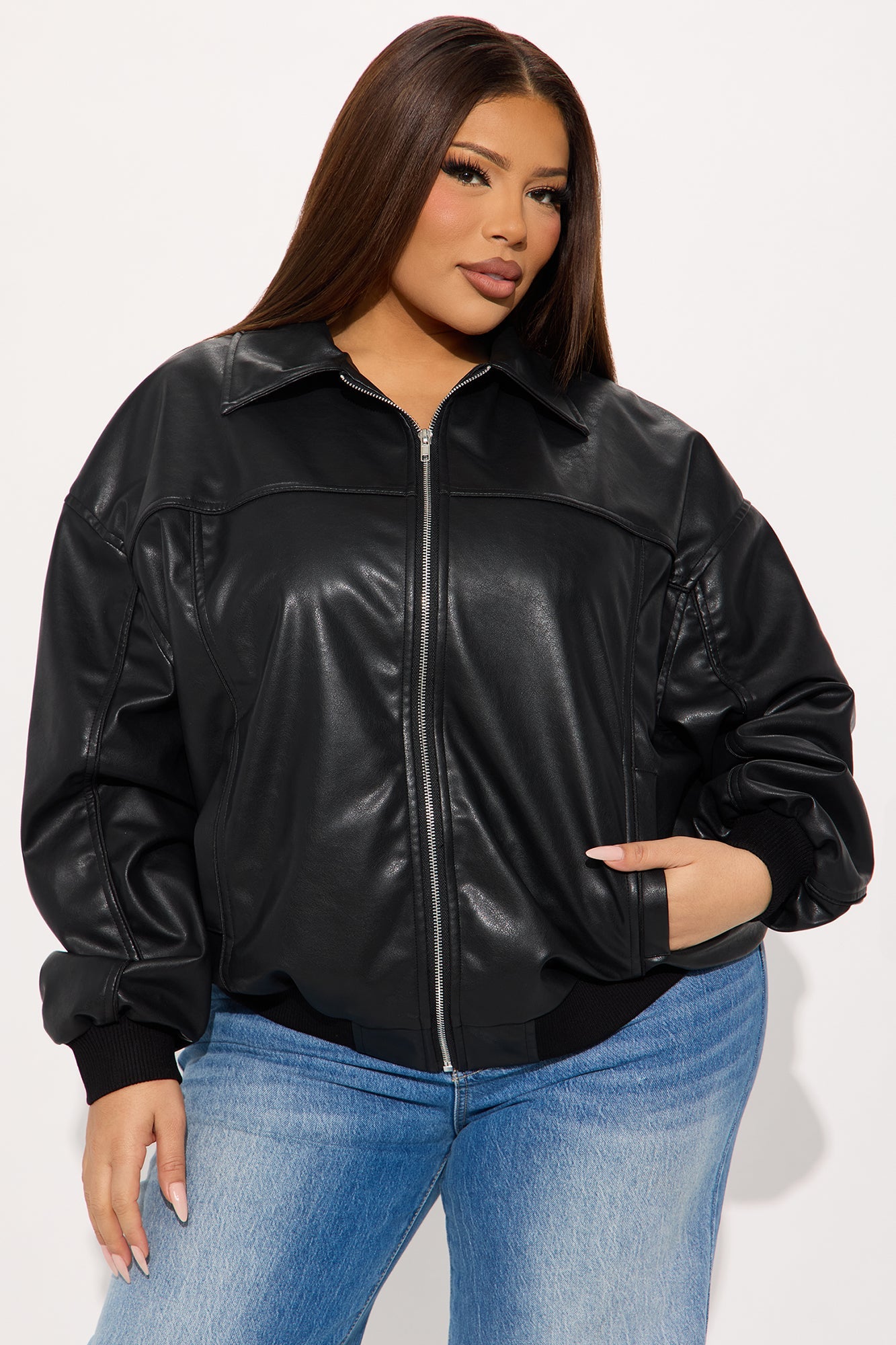 Ellie Oversized Faux Leather Bomber Jacket - Black