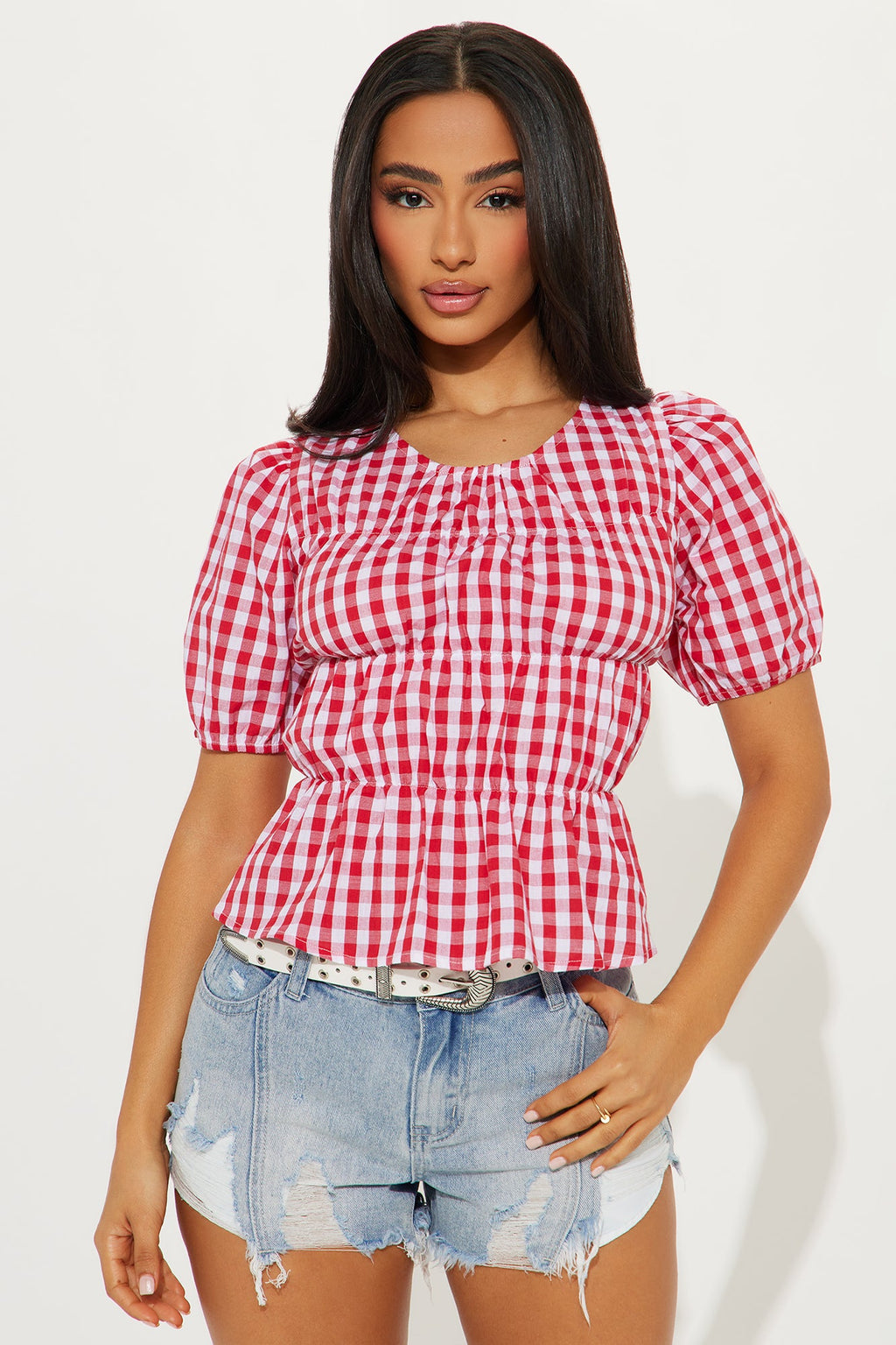 Gingham Moment Smocked Top - Red/White