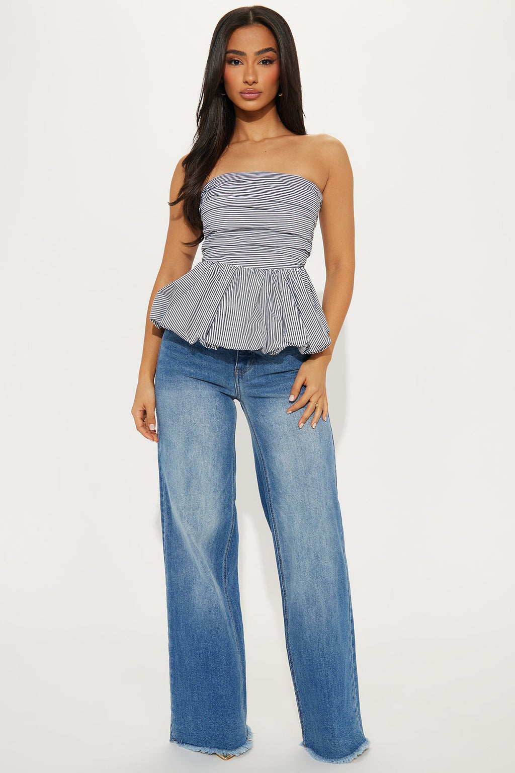 Mya Striped Bubble Hem Top - Black/White