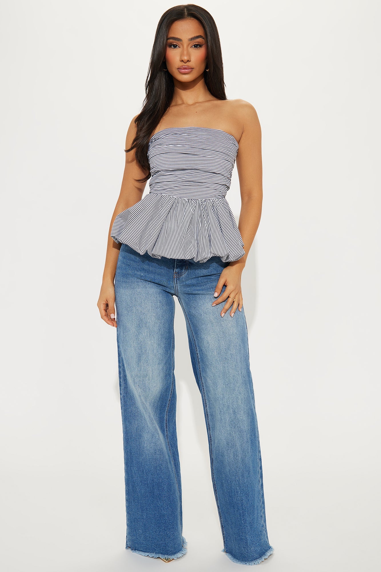 Mya Striped Bubble Hem Top - Black/White